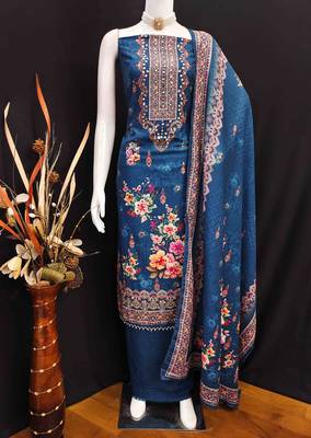 Blue silk embroidered unstitched dressmaterials 3 pair top bottom dupptaa 2