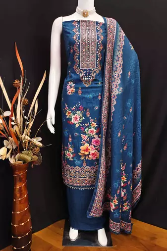 blue silk blend embroidered unstitched dressmaterials 3 pair top bottom dupptaa
