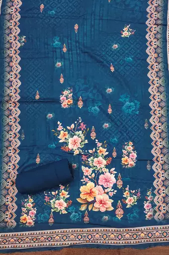 blue silk blend embroidered unstitched dressmaterials 3 pair top bottom dupptaa