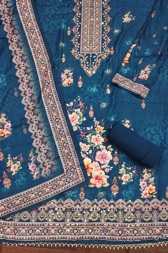 blue silk blend embroidered unstitched dressmaterials 3 pair top bottom dupptaa