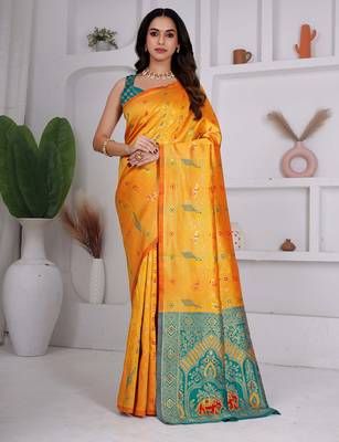 premium yellow and green pure banarasi silk blend wedding and party wear saree with blouse 1