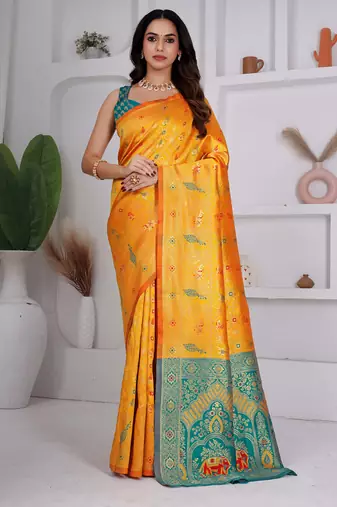 premium yellow and green pure banarasi silk blend wedding and party wear saree with blouse