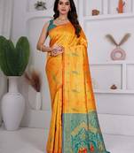 premium yellow and green pure banarasi silk blend wedding and party wear saree with blouse