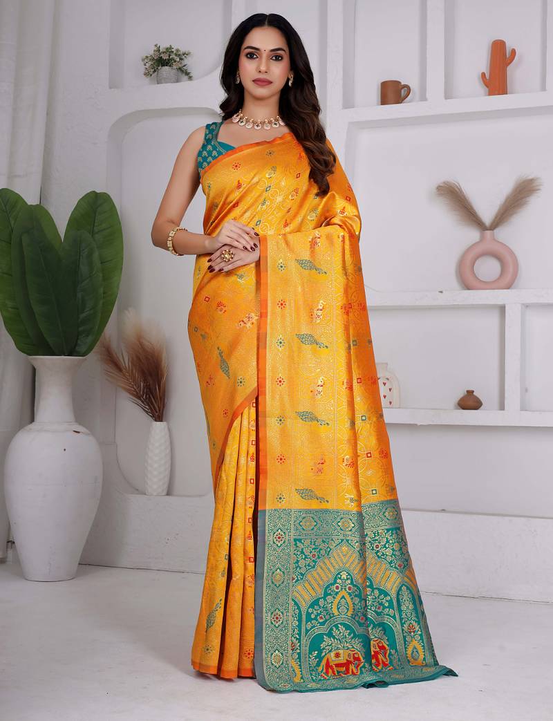 premium yellow and green pure banarasi silk blend wedding and party wear saree with blouse