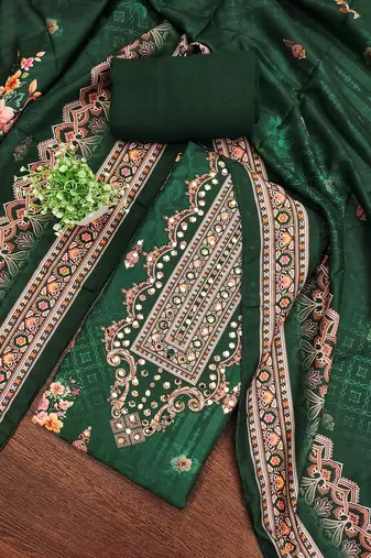 green silk blend embroidered unstitched dressmaterials 3 pair top bottom dupptaa