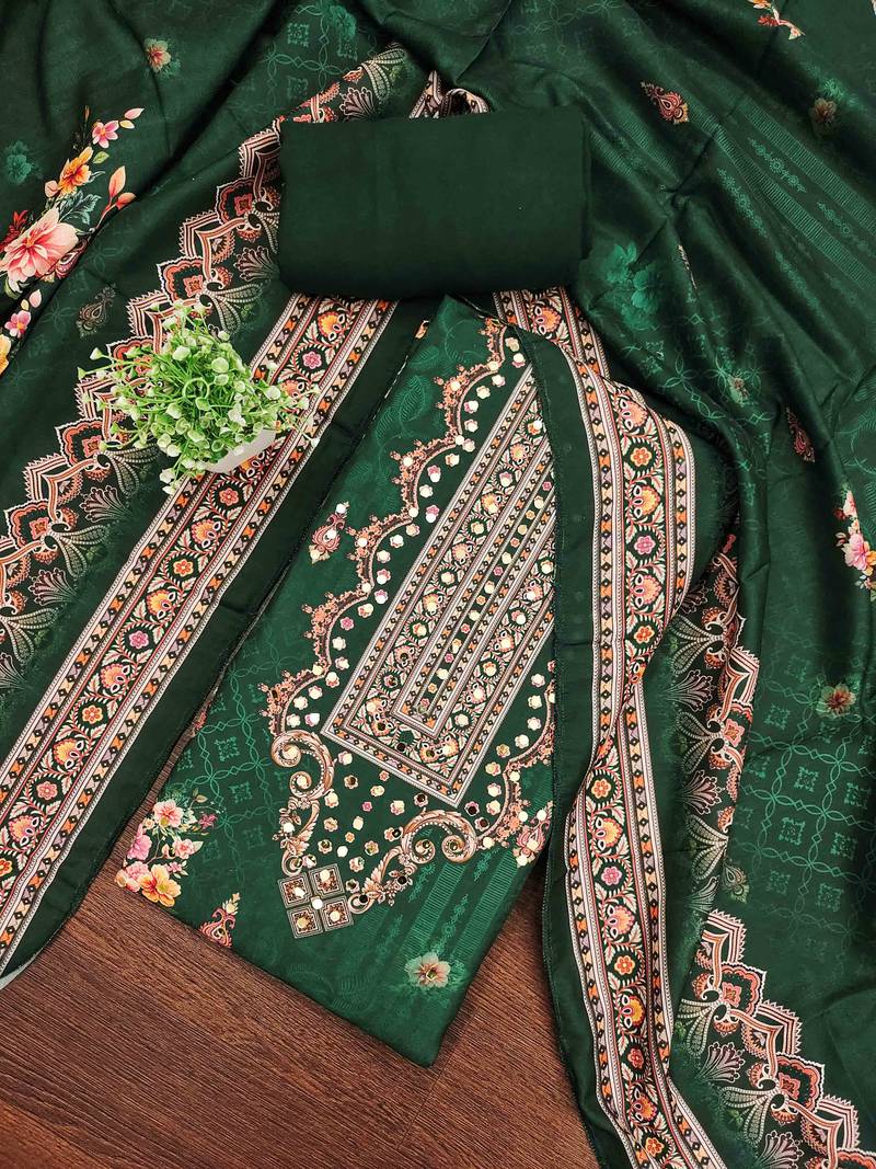 Green silk embroidered unstitched dressmaterials 3 pair top bottom dupptaa