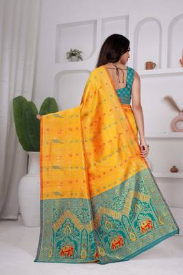 premium yellow and green pure banarasi silk blend wedding and party wear saree with blouse 2