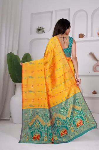 premium yellow and green pure banarasi silk blend wedding and party wear saree with blouse