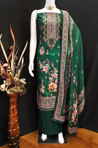 green silk blend embroidered unstitched dressmaterials 3 pair top bottom dupptaa