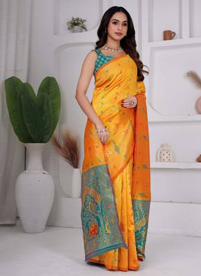 premium yellow and green pure banarasi silk blend wedding and party wear saree with blouse 3