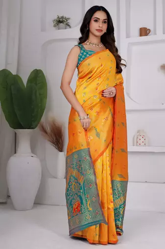 premium yellow and green pure banarasi silk blend wedding and party wear saree with blouse