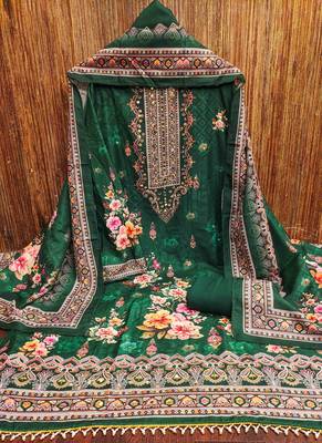 Green silk embroidered unstitched dressmaterials 3 pair top bottom dupptaa 3
