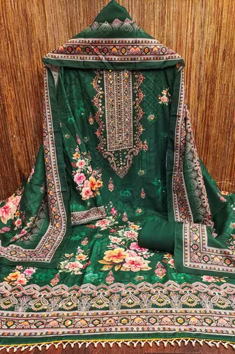 green silk blend embroidered unstitched dressmaterials 3 pair top bottom dupptaa