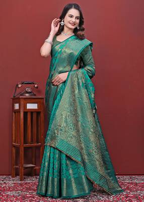 premium bottol green pure banarasi silk blend wedding and party wear saree with blouse 1