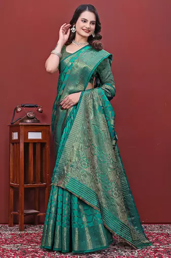 premium bottol green pure banarasi silk blend wedding and party wear saree with blouse