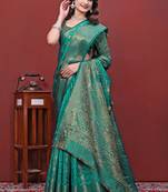premium bottol green pure banarasi silk blend wedding and party wear saree with blouse