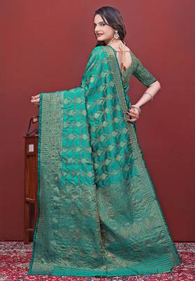 premium bottol green pure banarasi silk blend wedding and party wear saree with blouse 2