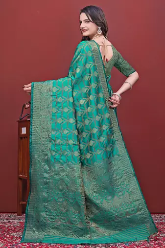 premium bottol green pure banarasi silk blend wedding and party wear saree with blouse