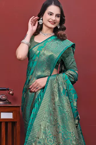 premium bottol green pure banarasi silk blend wedding and party wear saree with blouse