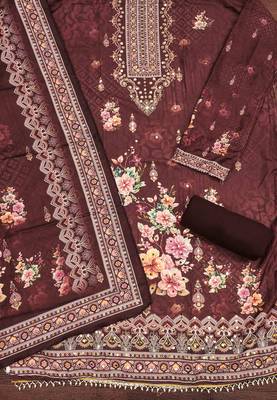 Maroon silk embroidered unstitched dressmaterials 3 pair top bottom dupptaa 3