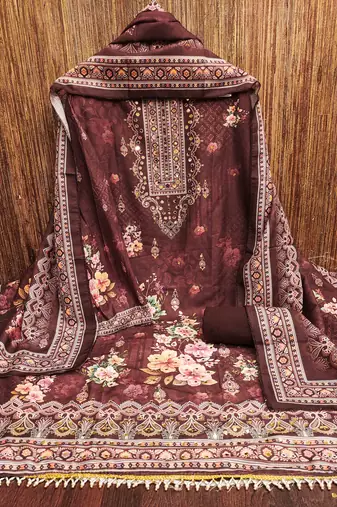 maroon silk blend embroidered unstitched dressmaterials 3 pair top bottom dupptaa