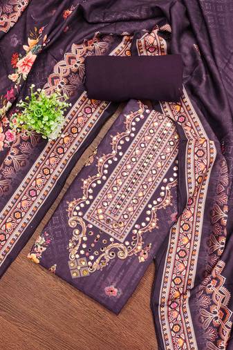 purple silk blend embroidered unstitched dressmaterials 3 pair top bottom dupptaa