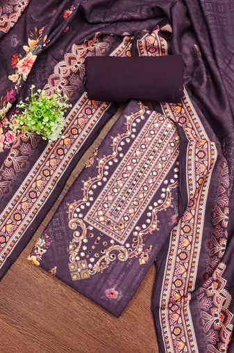 purple silk blend embroidered unstitched dressmaterials 3 pair top bottom dupptaa