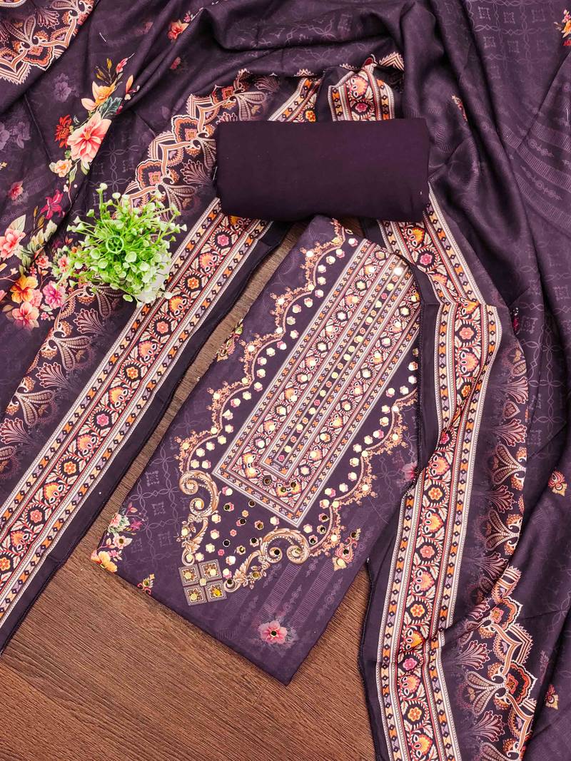 Purple silk embroidered unstitched dressmaterials 3 pair top bottom dupptaa