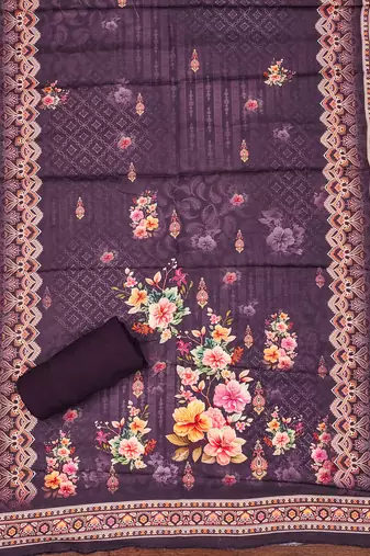 purple silk blend embroidered unstitched dressmaterials 3 pair top bottom dupptaa
