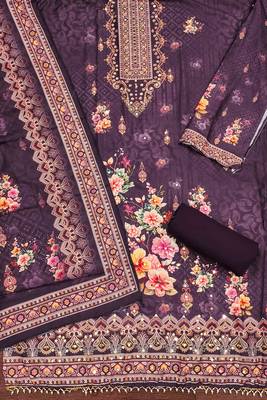 Purple silk embroidered unstitched dressmaterials 3 pair top bottom dupptaa 3