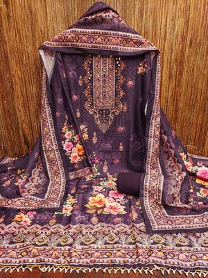 Purple silk embroidered unstitched dressmaterials 3 pair top bottom dupptaa 4