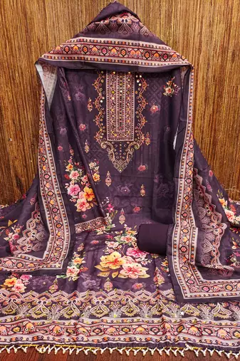 purple silk blend embroidered unstitched dressmaterials 3 pair top bottom dupptaa