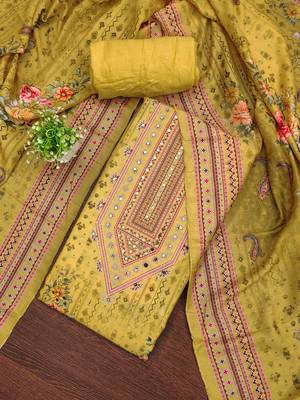 Musturd silk embroidered unstitched dressmaterials 3 pair top bottom dupptaa 1