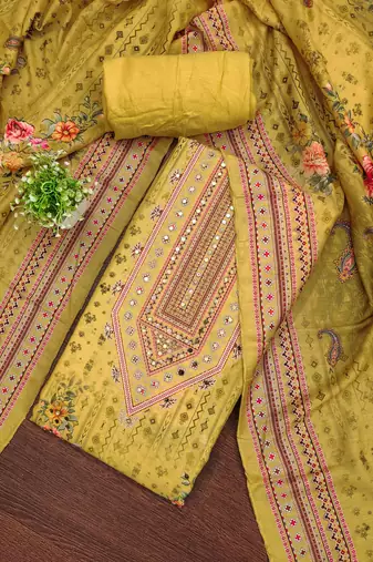 musturd silk blend embroidered unstitched dressmaterials 3 pair top bottom dupptaa