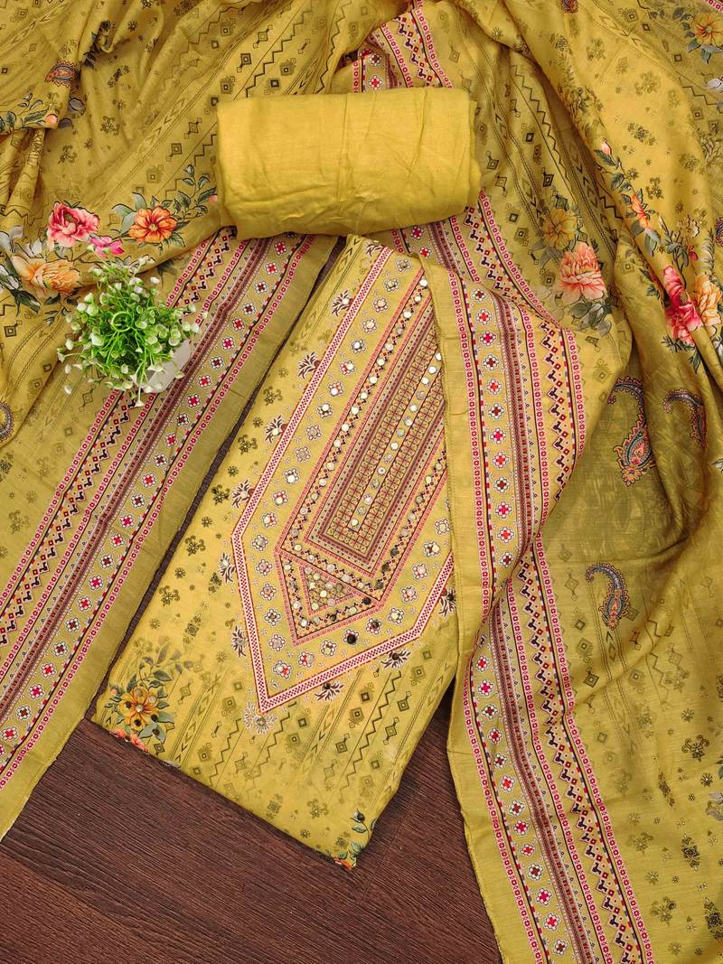Musturd silk embroidered unstitched dressmaterials 3 pair top bottom dupptaa