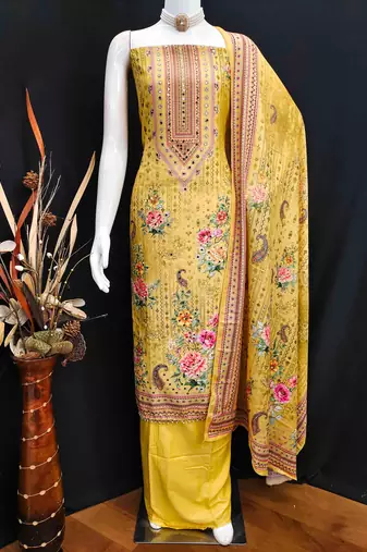 musturd silk blend embroidered unstitched dressmaterials 3 pair top bottom dupptaa