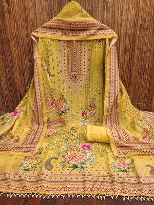 Musturd silk embroidered unstitched dressmaterials 3 pair top bottom dupptaa 3