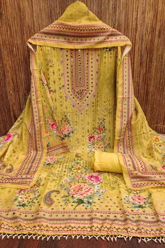 musturd silk blend embroidered unstitched dressmaterials 3 pair top bottom dupptaa