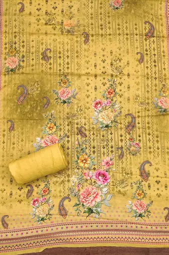 musturd silk blend embroidered unstitched dressmaterials 3 pair top bottom dupptaa