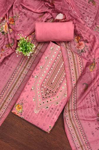 pink silk blend embroidered unstitched dressmaterials 3 pair top bottom dupptaa