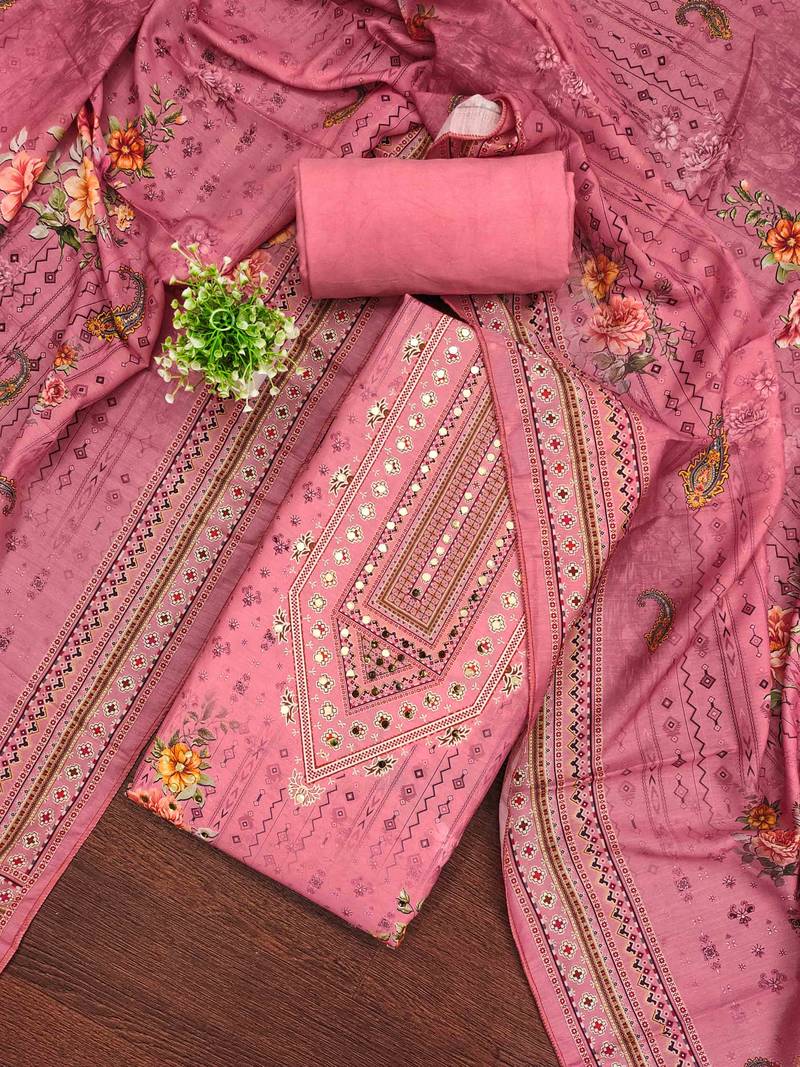 Pink silk embroidered unstitched dressmaterials 3 pair top bottom dupptaa