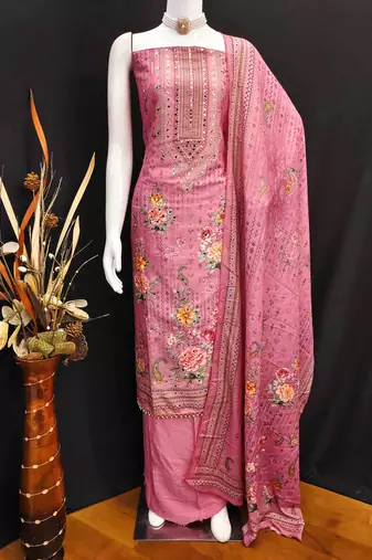 pink silk blend embroidered unstitched dressmaterials 3 pair top bottom dupptaa