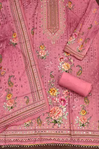 pink silk blend embroidered unstitched dressmaterials 3 pair top bottom dupptaa