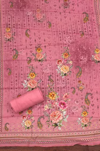 pink silk blend embroidered unstitched dressmaterials 3 pair top bottom dupptaa