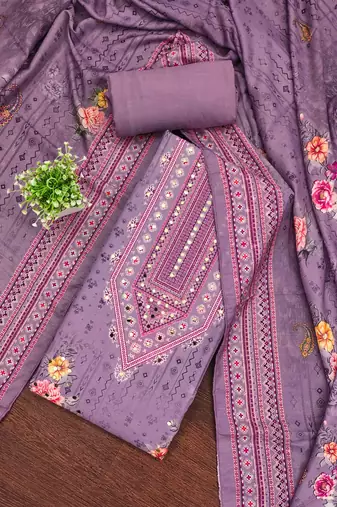 purple silk blend embroidered unstitched dressmaterials 3 pair top bottom dupptaa