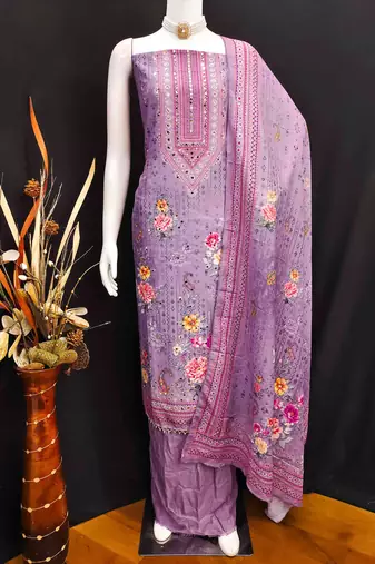 purple silk blend embroidered unstitched dressmaterials 3 pair top bottom dupptaa