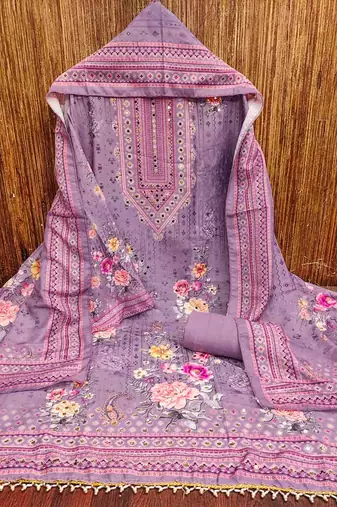 purple silk blend embroidered unstitched dressmaterials 3 pair top bottom dupptaa
