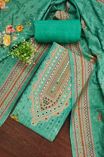 indigo silk blend embroidered unstitched dressmaterials 3 pair top bottom dupptaa
