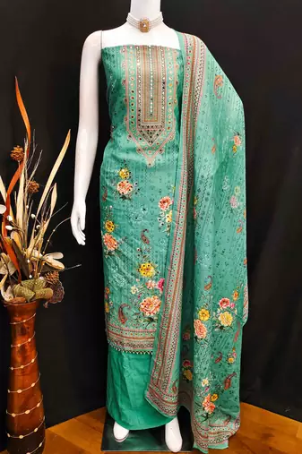 indigo silk blend embroidered unstitched dressmaterials 3 pair top bottom dupptaa