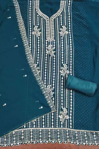 aqua georgette embroidered unstitched dressmaterials 3 pair top bottom dupptaa